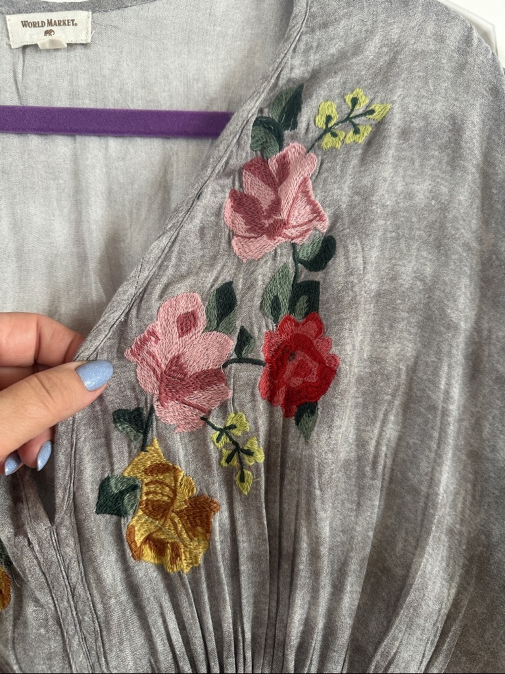 World Market Grey Embroidered Floral V-neck  Kimono L/XL CoverUp Maxi Dress - Picture 5 of 9